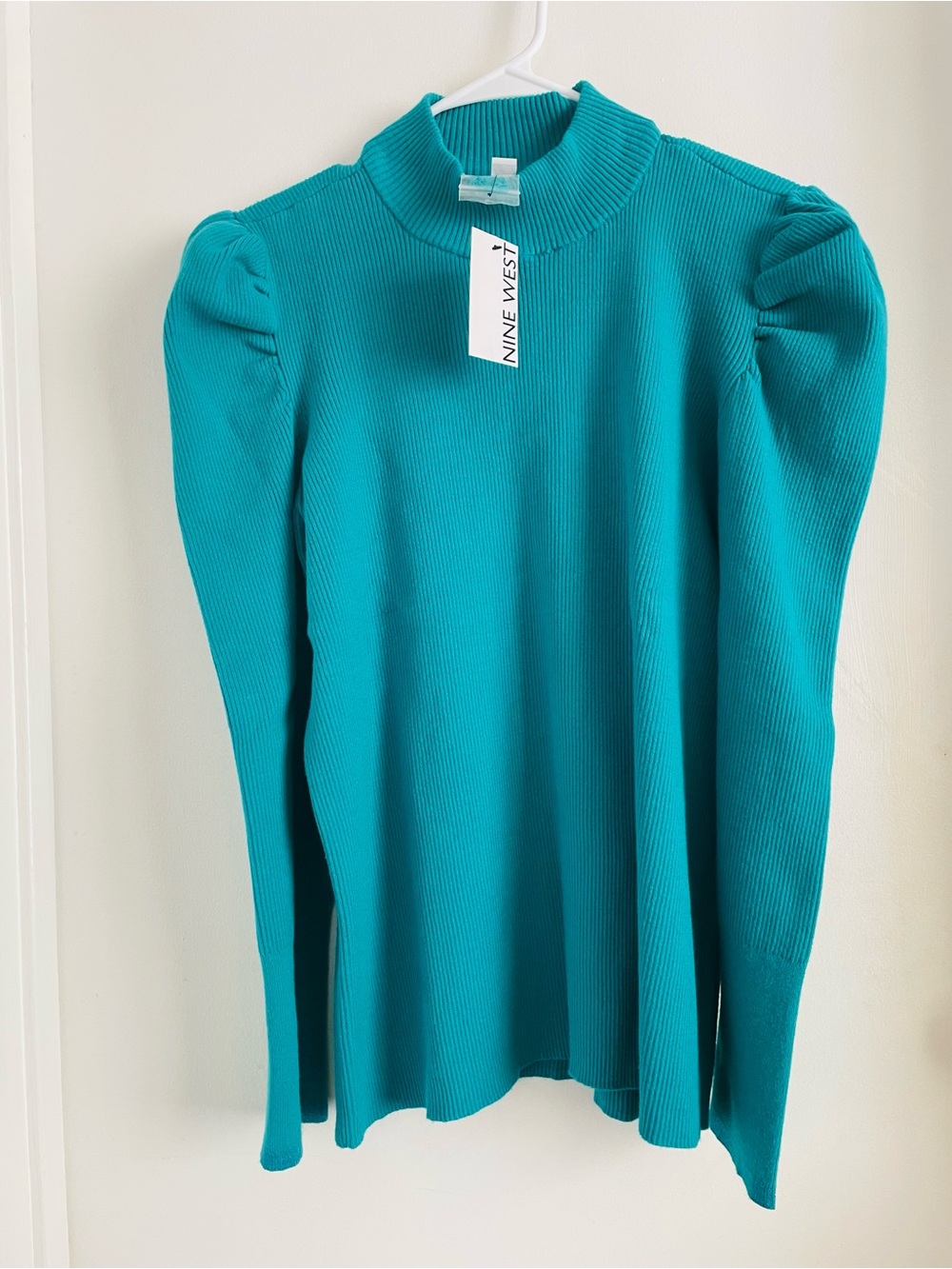 Nine West Teal Ribbed Puff-Sleeve Mock Neck Sweater